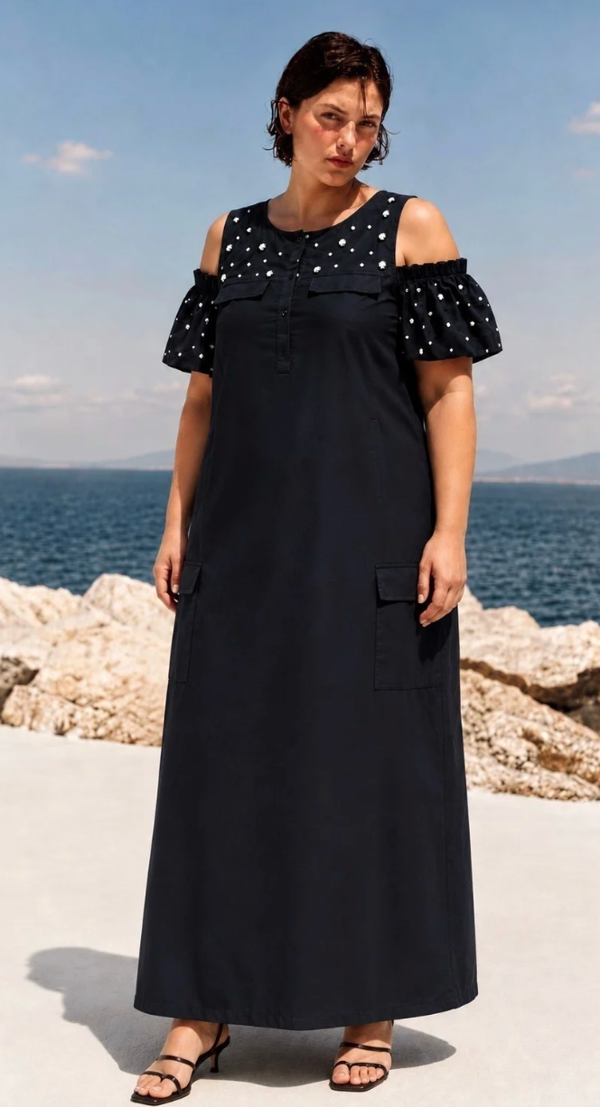 Robe longue en coton Rosalie — épaules dénudées & manches bouffantes