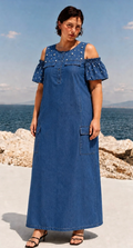 Robe longue en coton Rosalie — épaules dénudées & manches bouffantes